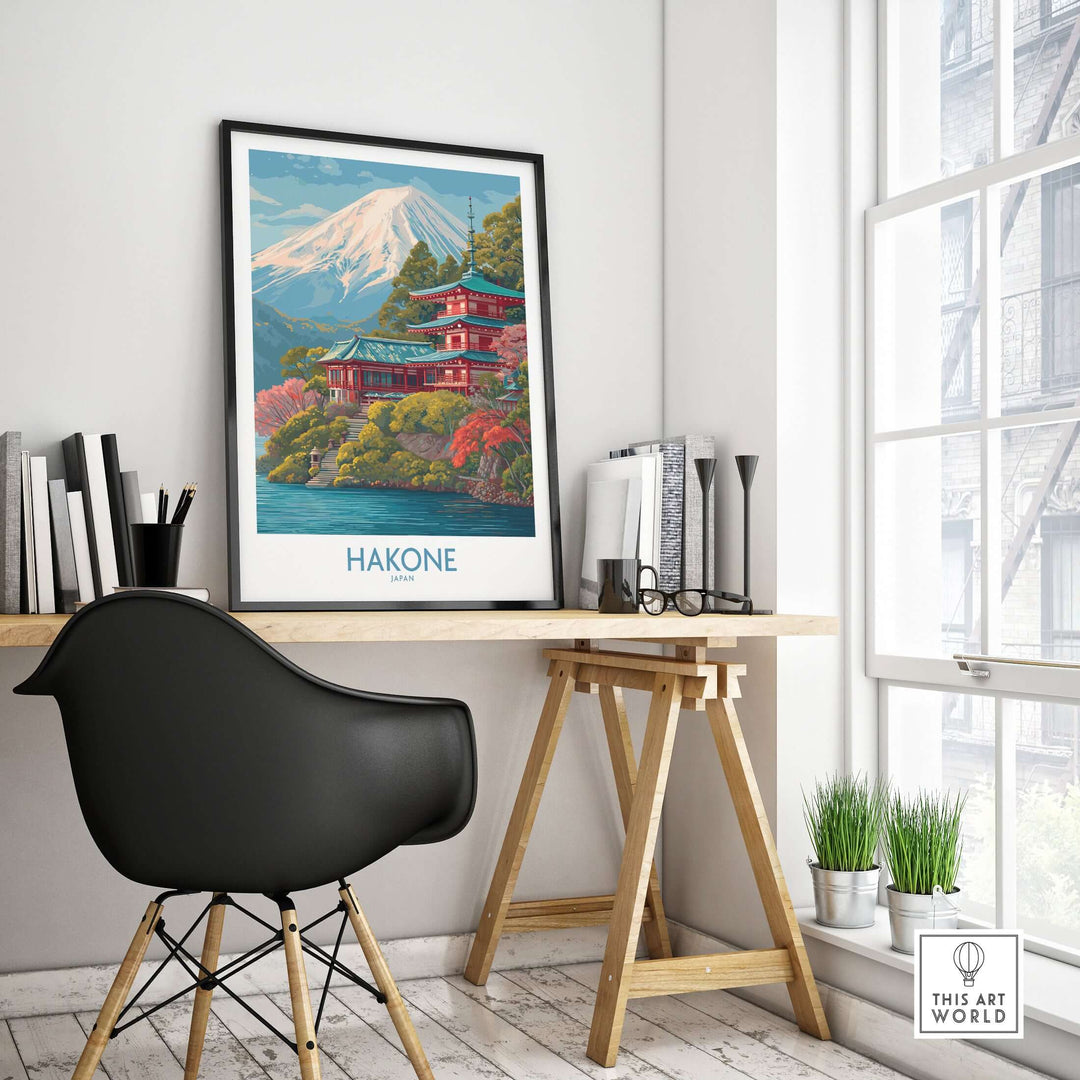 Hakone Japan wall art print featuring serene landscapes and cultural highlights in a stylish home office setting.