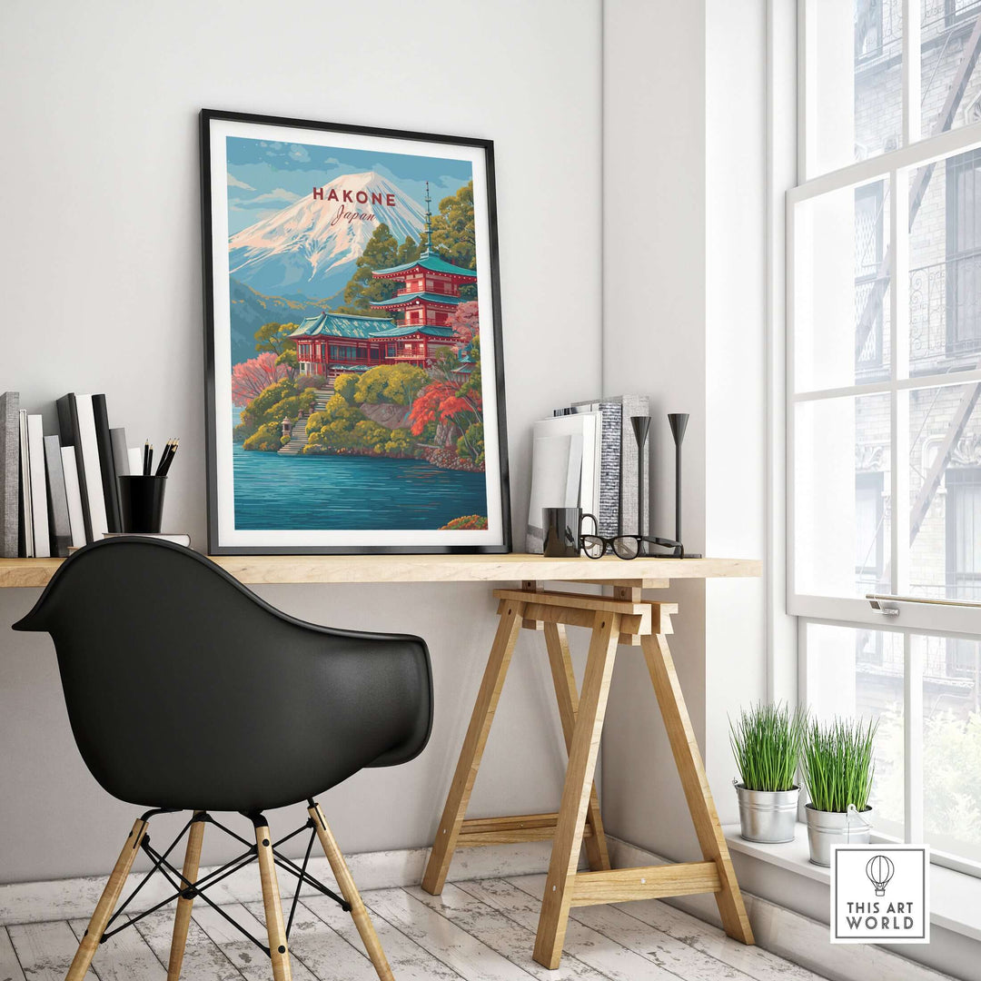 Hakone Japan print of a historic shrine by Lake Ashi with Mount Fuji in the background, framed in a stylish interior.