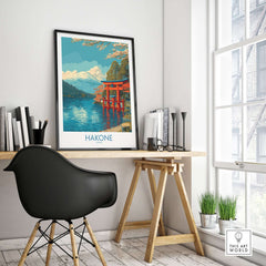 Hakone Wall Art Japan Red Torii Gate Poster displayed in a modern workspace with serene mountain backdrop.