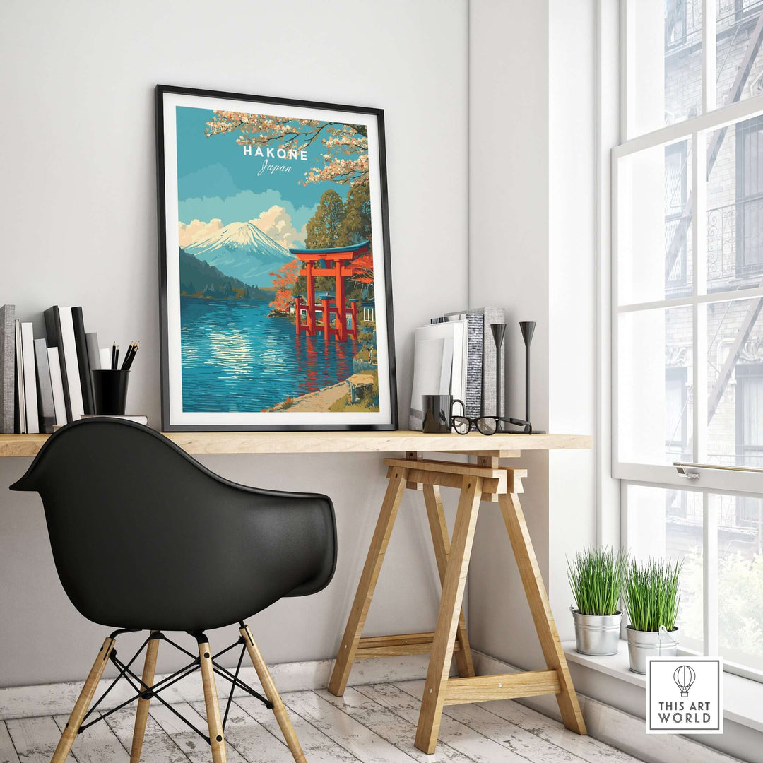 HakonePrint artwork featuring Torii gate, Mount Fuji, and Lake Ashi in a serene home office setting.