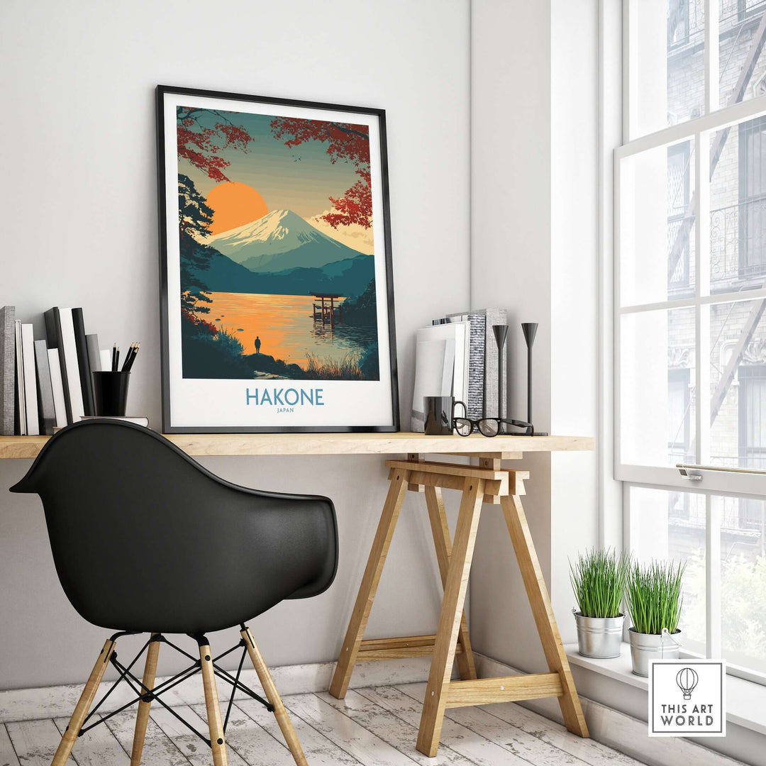 Hakone Japan wall art featuring Lake Ashi and Mount Fuji, ideal for calming home décor and cultural elegance.