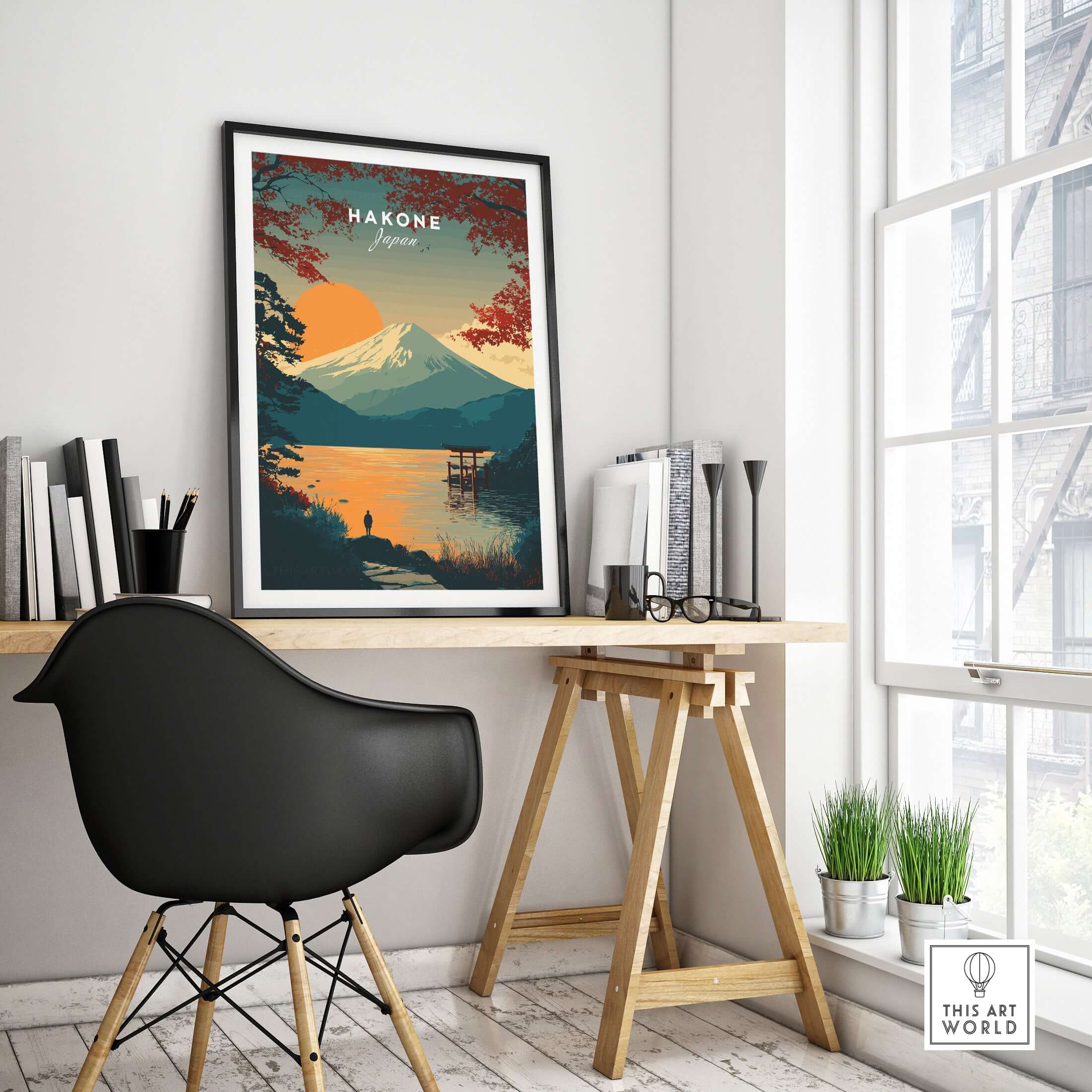 Hakone Japan Torii Gate Sunset Poster - Mount Fuji Lake Scene Print displayed in a modern interior with a stylish chair and desk.