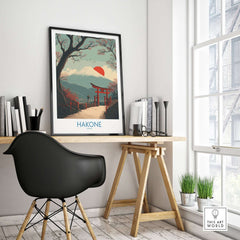 Hakone Japan Peace Gate Shrine Wall Art - Autumn Cherry Blossom Decor in a modern room setting.