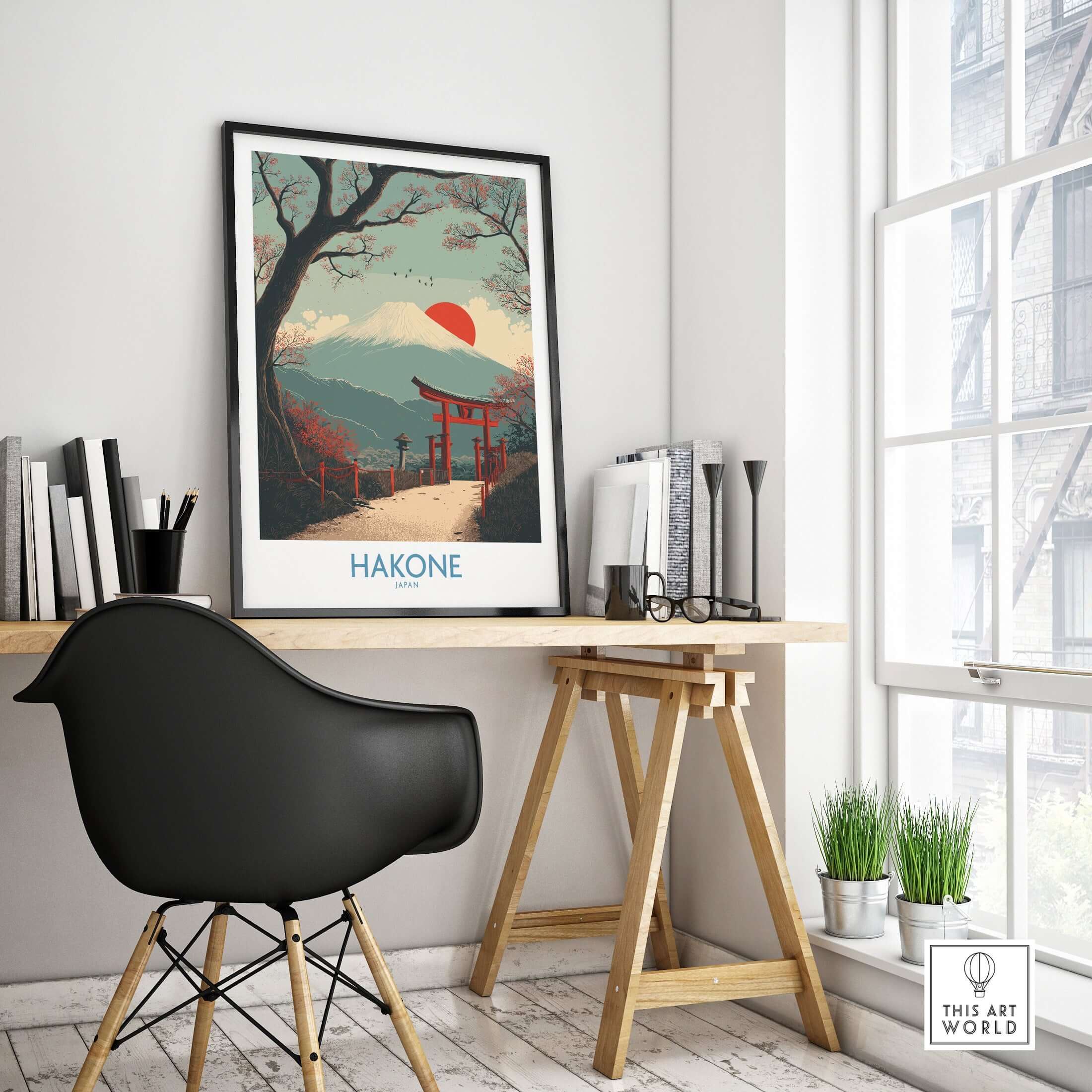 Hakone Japan Peace Gate Shrine Wall Art - Autumn Cherry Blossom Decor in a modern room setting.