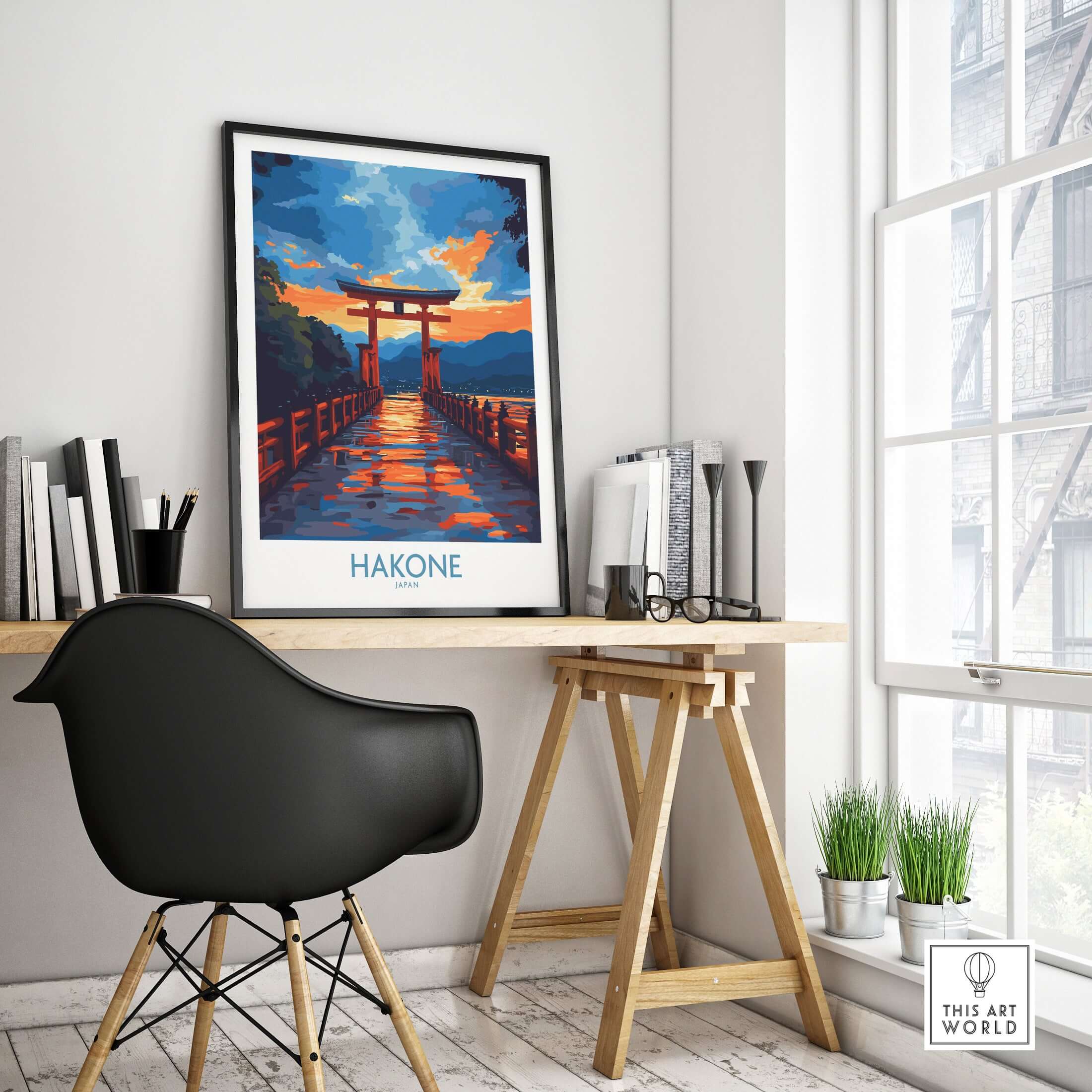 Hakone Wall Art - Japan Travel Poster displayed in a modern workspace with natural light.