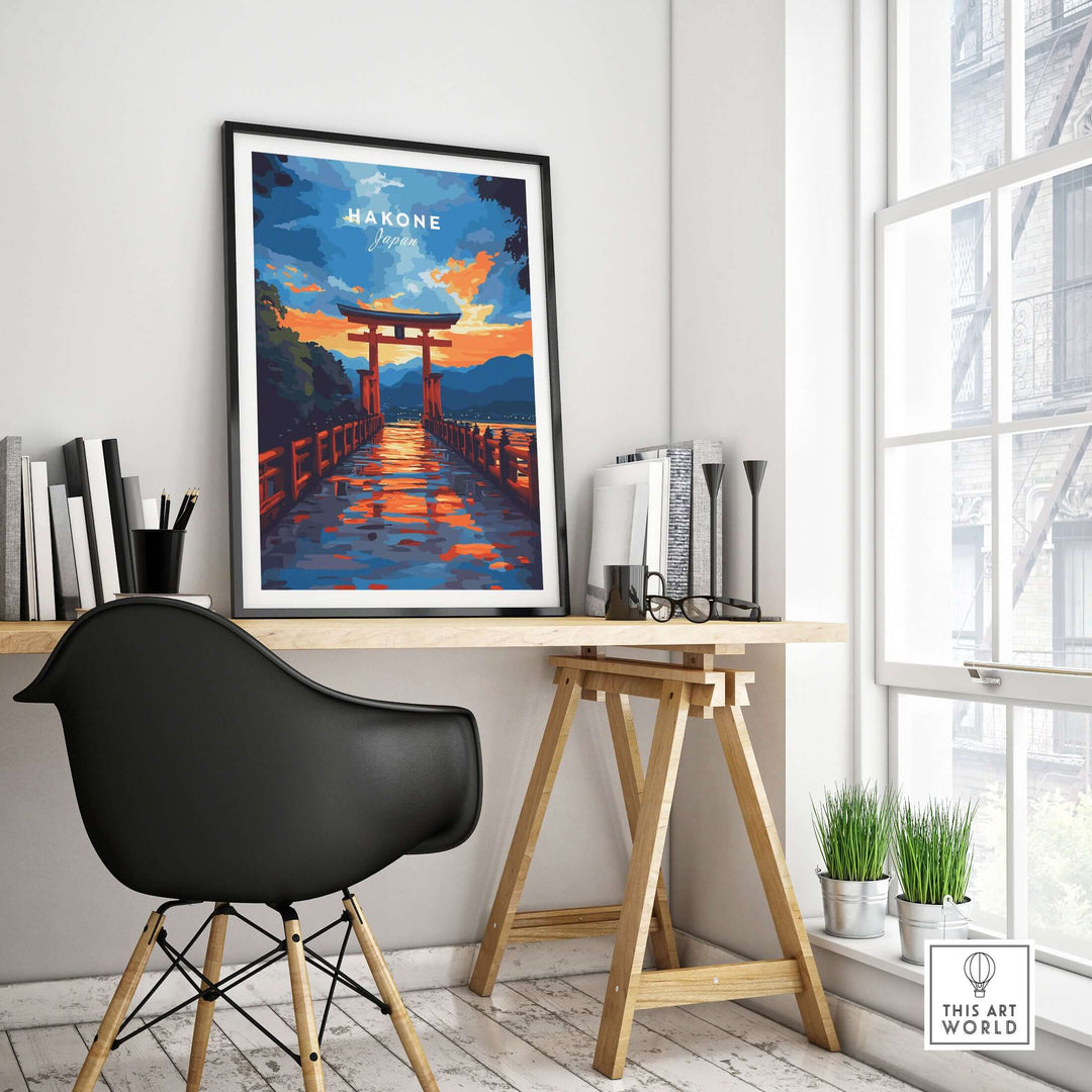 Hakone wall art featuring the iconic Torii gate at sunset, reflecting on Lake Ashi in a stylish room setting.
