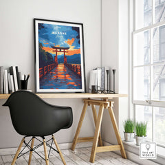 Hakone Wall Art Japan Torii Gate Sunset Reflections Poster - Vibrant Lake Ashi Print in a modern interior setting.