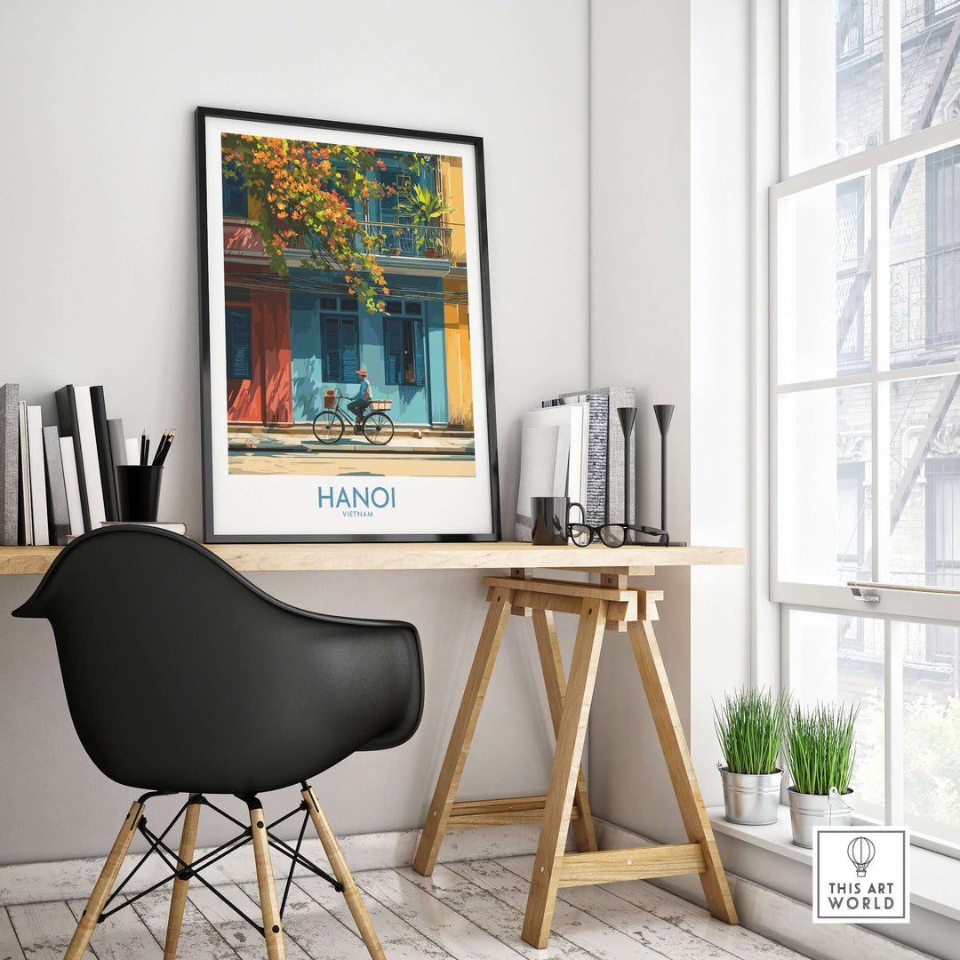 Hanoi poster on a wall, showcasing Vietnam's vibrant culture in a stylish home workspace.