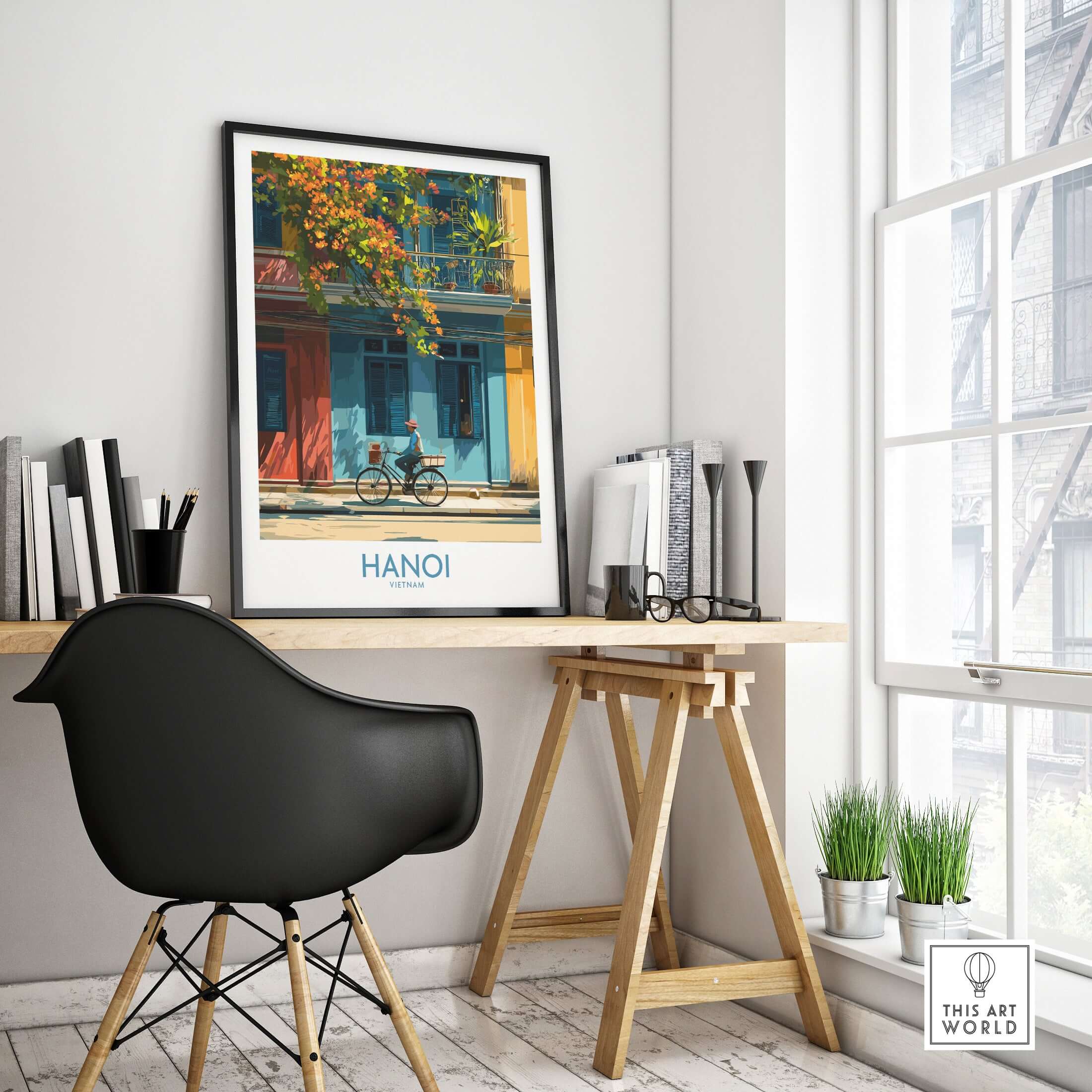 Hanoi Poster - Vietnam Wall Art displayed in a minimalist workspace with a stylish chair and bright decor.