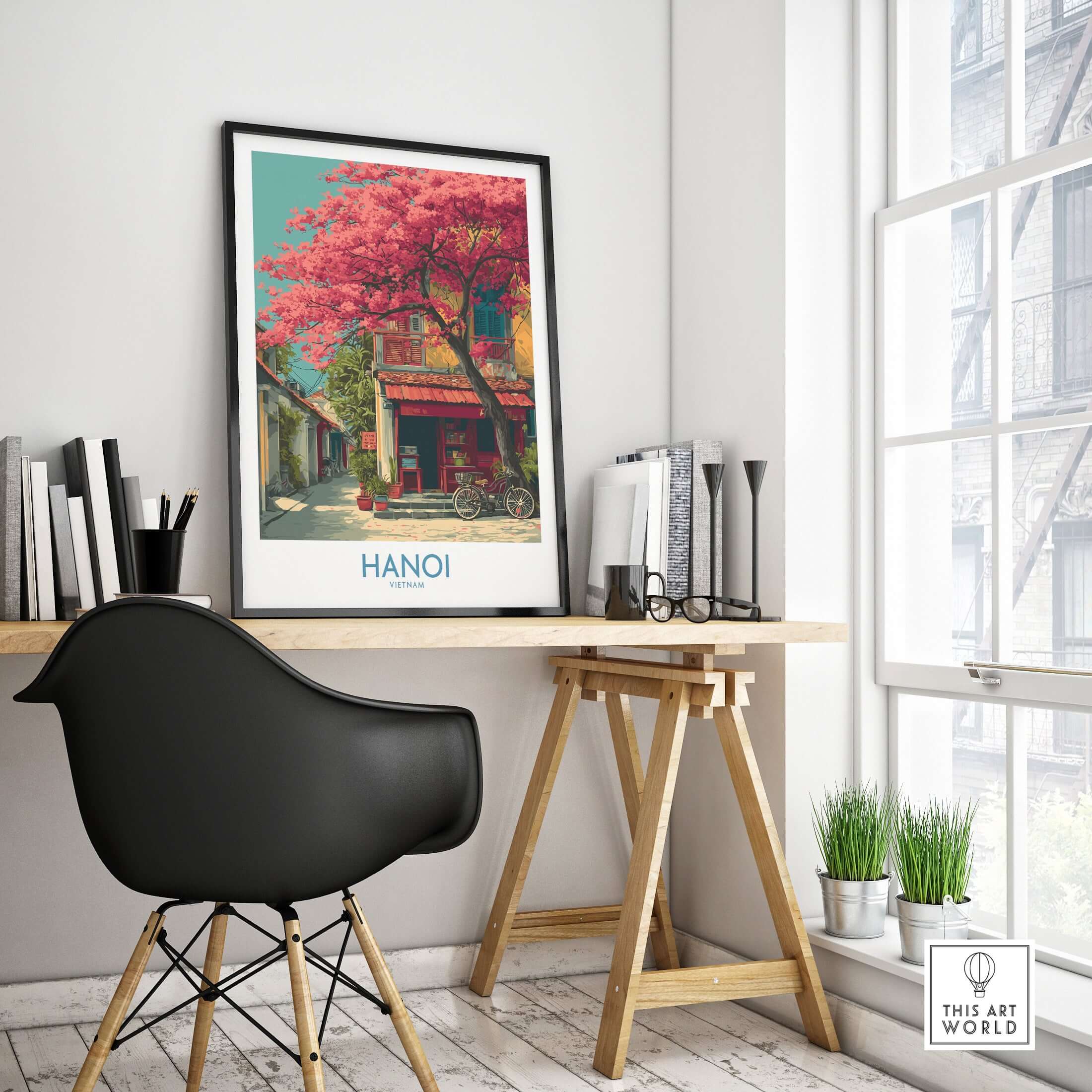 Hanoi Vietnam Poster - Historic Hanoi Scene Decor in a stylish home office setting with a modern black chair.
