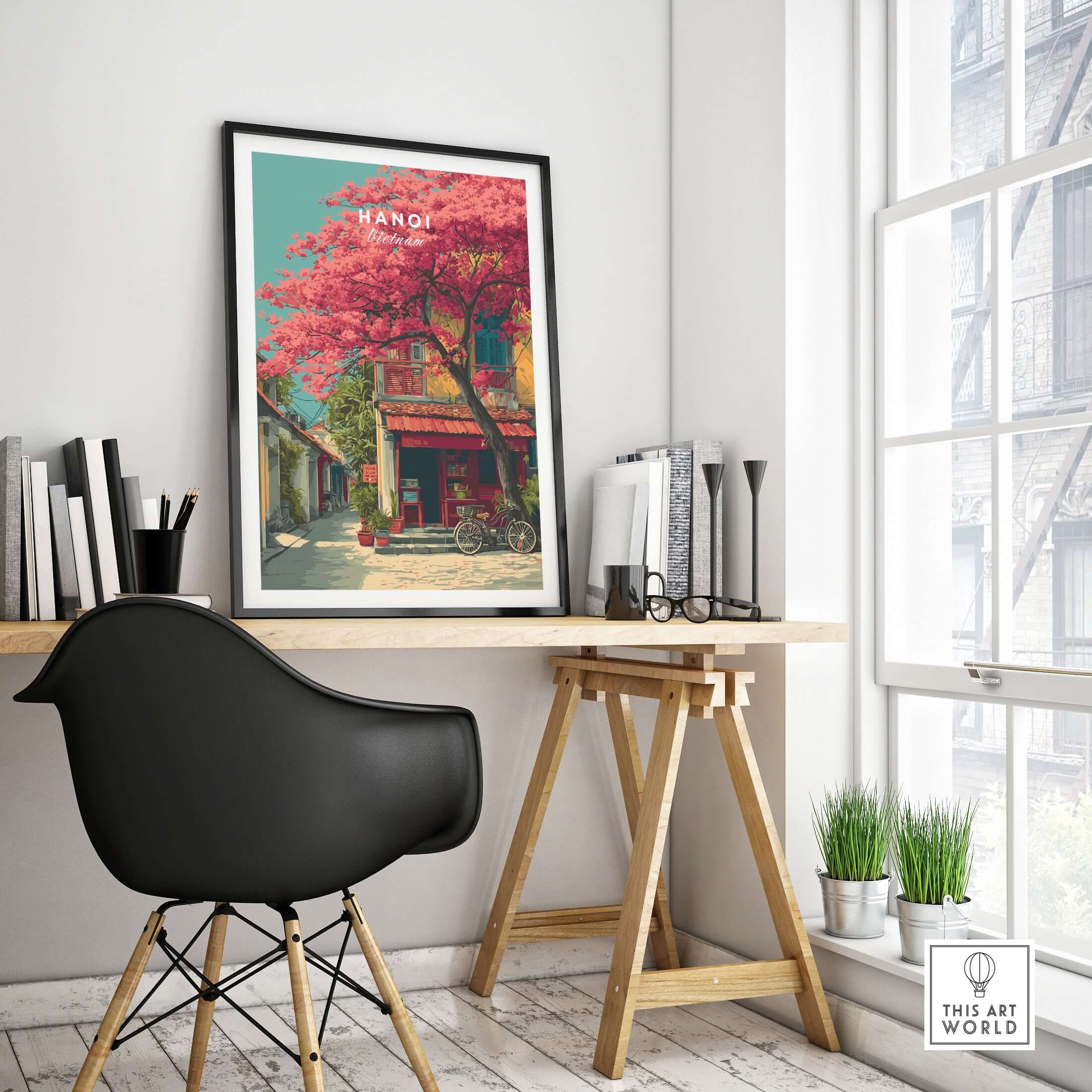 Hanoi Vietnam Print Cherry Blossom Street - Colorful City Wall Art displayed in a modern indoor setting with a chair.