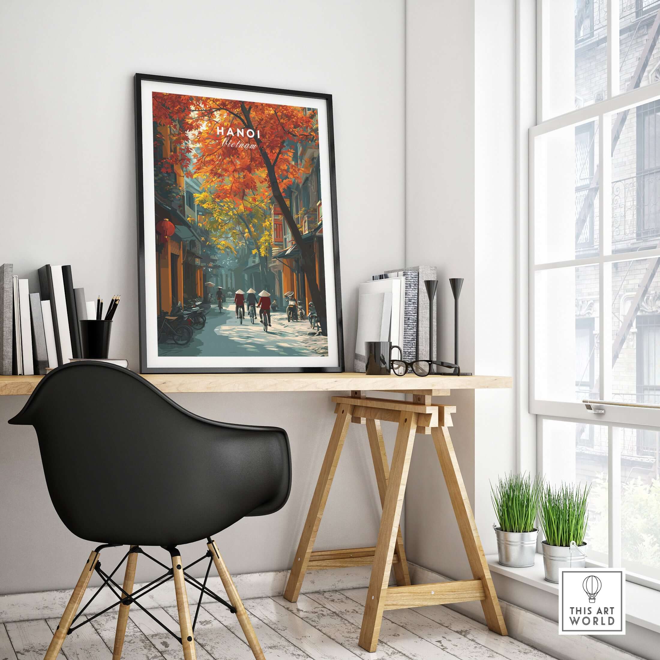 Hanoi Poster Vietnam- Iconic City Street Print displayed in a modern study, highlighting vibrant urban life and culture.