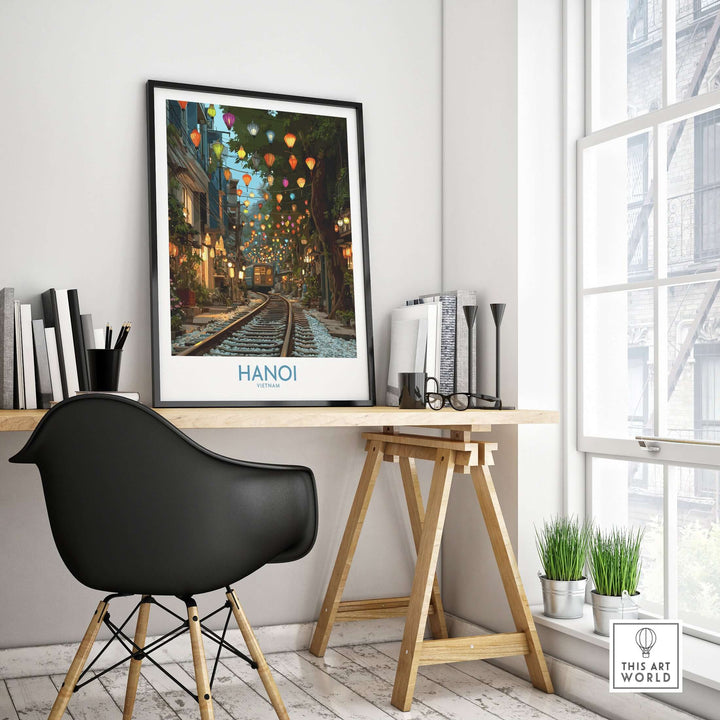 Hanoi Vietnam Train Street wall art in a modern workspace with vibrant lanterns and charming atmosphere.