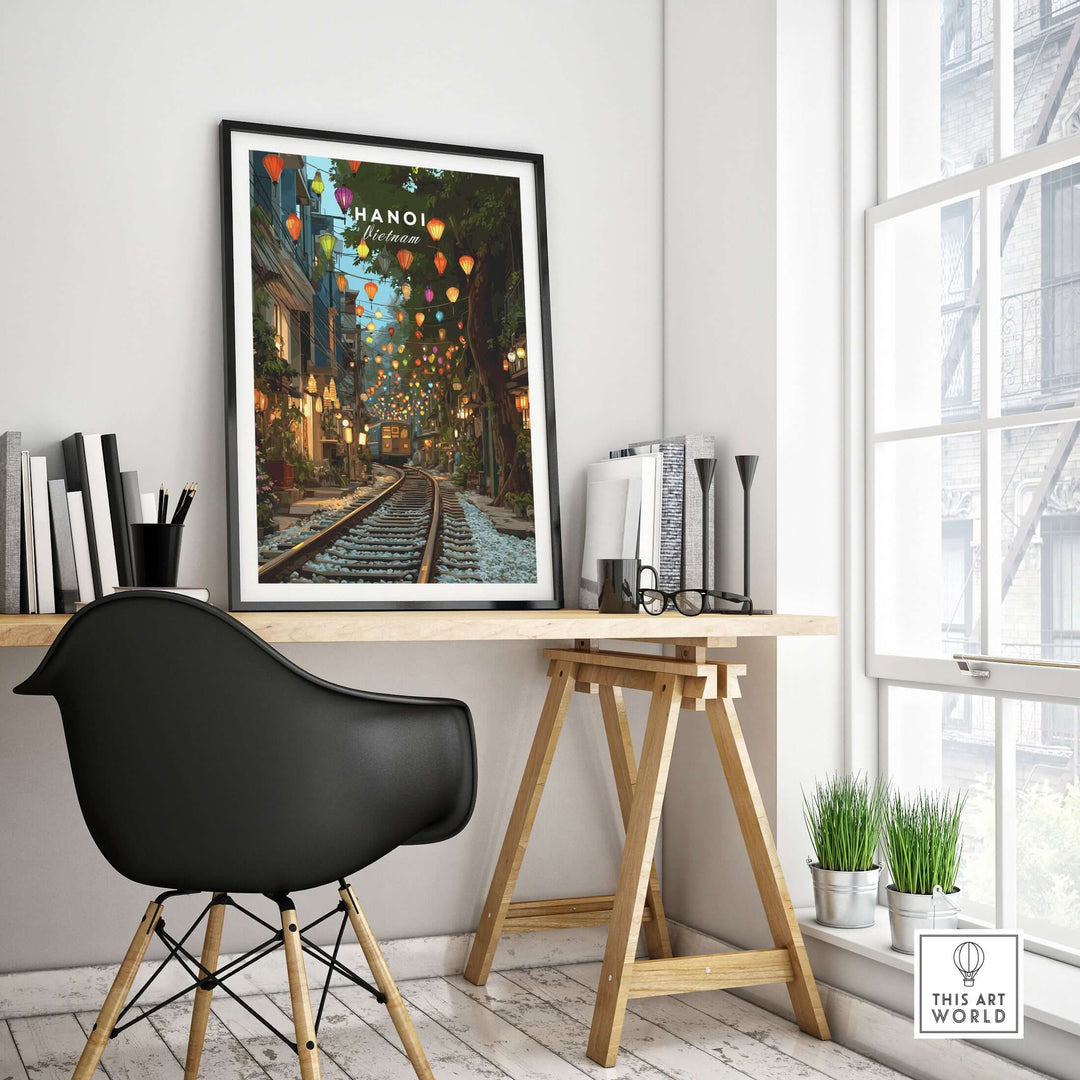 Hanoi Train Street print showcasing vibrant lanterns and bustling life in a stylish workspace.