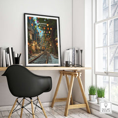 Hanoi Vietnam Train Street Print - Hanoi Poster displayed in a stylish workspace with vibrant lanterns and urban life.
