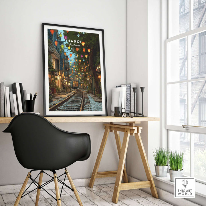 Hanoi Train Street print showcasing vibrant lanterns and bustling life in a stylish workspace.
