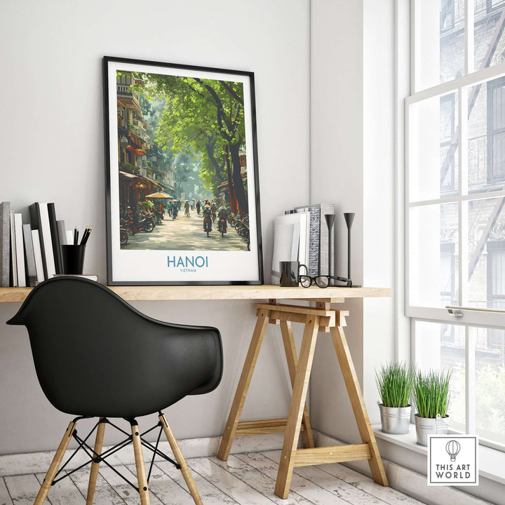 Hanoi Vietnam street wall art poster displayed in a stylish home office setting.