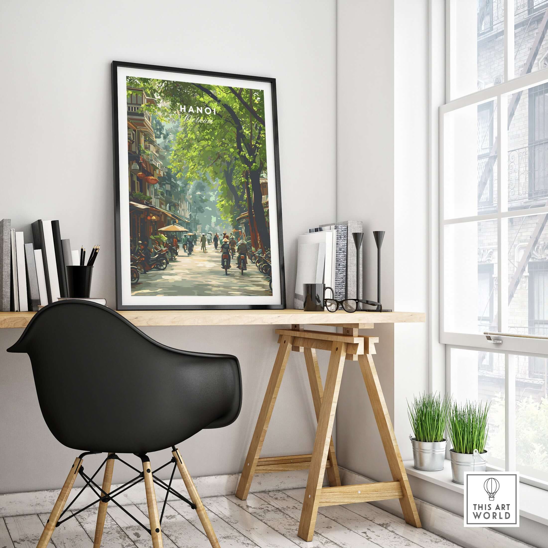 Hanoi Vietnam Poster - City Street Scene Print displayed in a modern interior workspace with a stylish chair and plant.