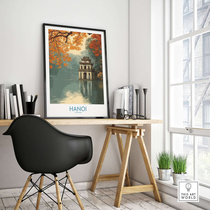 Hanoi Turtle Tower wall art displayed in an elegant workspace, showcasing iconic Vietnamese landmark decor.