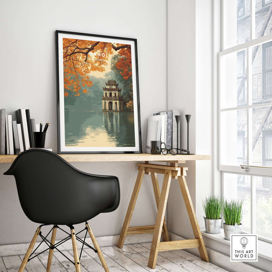 Hanoi Vietnam poster featuring Hoan Kiem Lake and temple in a serene home setting with modern decor.