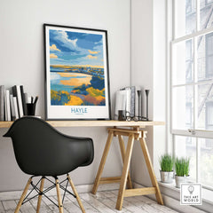 Hayle Estuary Panorama Wall Art - Cornish Travel Poster displayed on a desk in a modern workspace.