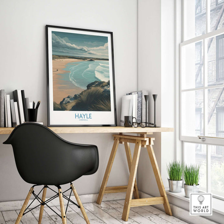 Hayle Sandy Beach Poster displayed in a modern workspace, showcasing coastal decor and serene beach vibes.