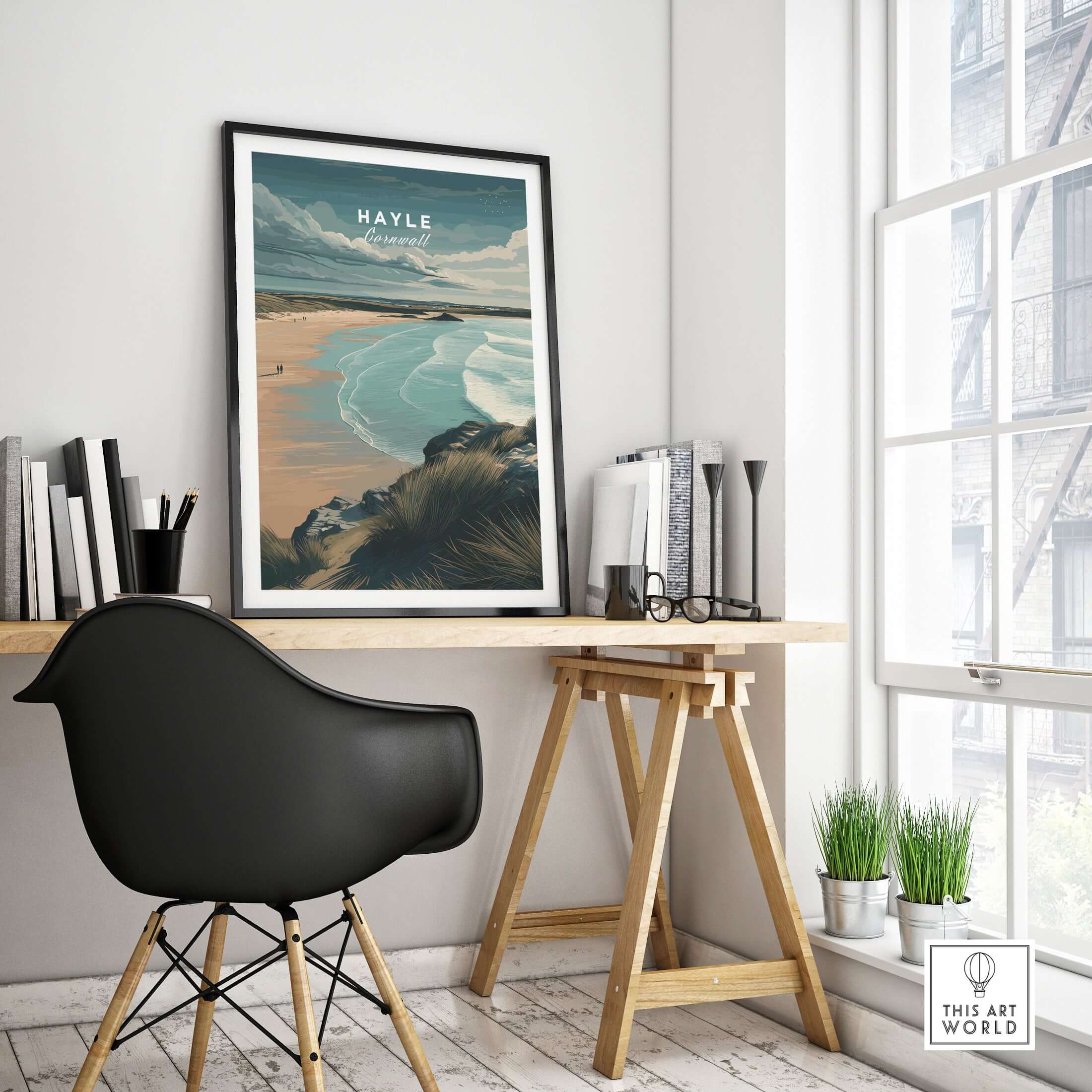 Hayle Cornwall Coastal Beach Print - Seaside Cliffs Wall Art displayed in a modern home office setting.