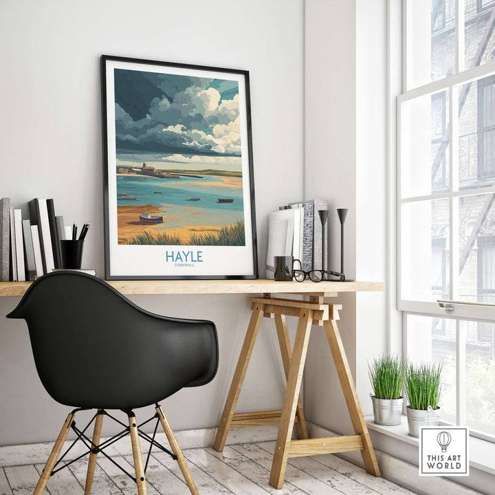 Hayle Cornwall Stormy Sky Seascape Poster displayed in a modern workspace, showcasing its vibrant coastal scenery.