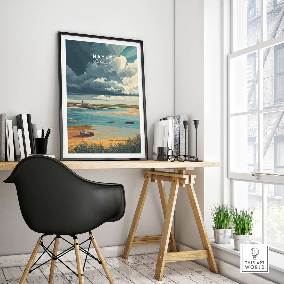 Hayle Boats in the Bay print showcasing tranquil coastal scenery in a modern home office setting.