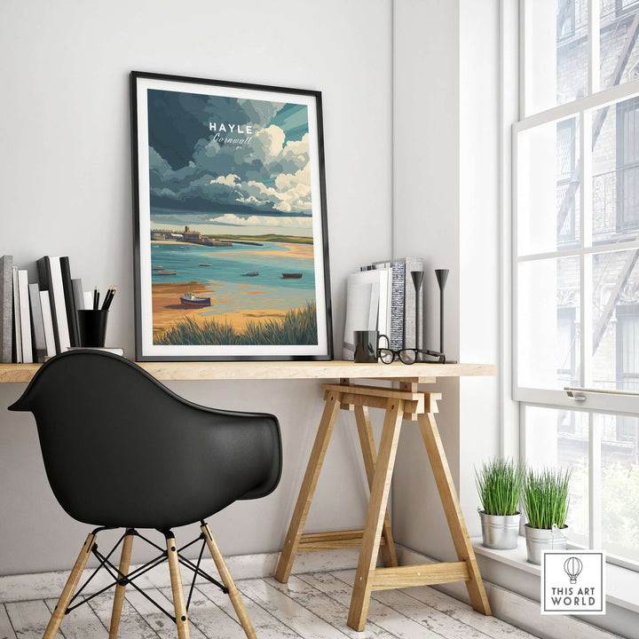 Hayle Boats in the Bay print showcasing tranquil coastal scenery in a modern home office setting.