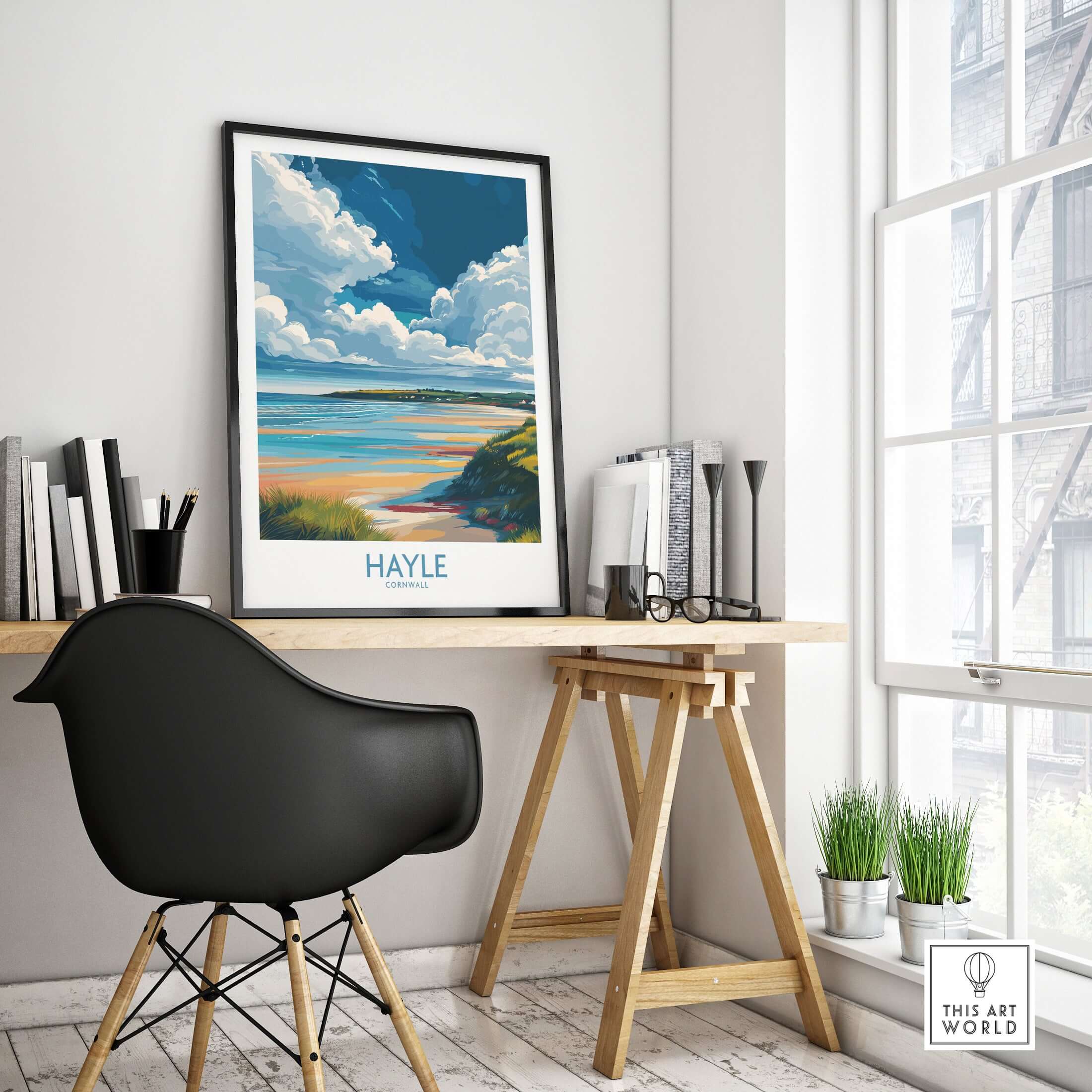 Hayle Wall Art - Cornish Nature Decor displayed in a modern workspace featuring ocean and sky scenery.