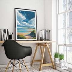 Hayle Ocean View Print - Cornwall Travel Poster displayed in a stylish room with a desk and bookshelf.