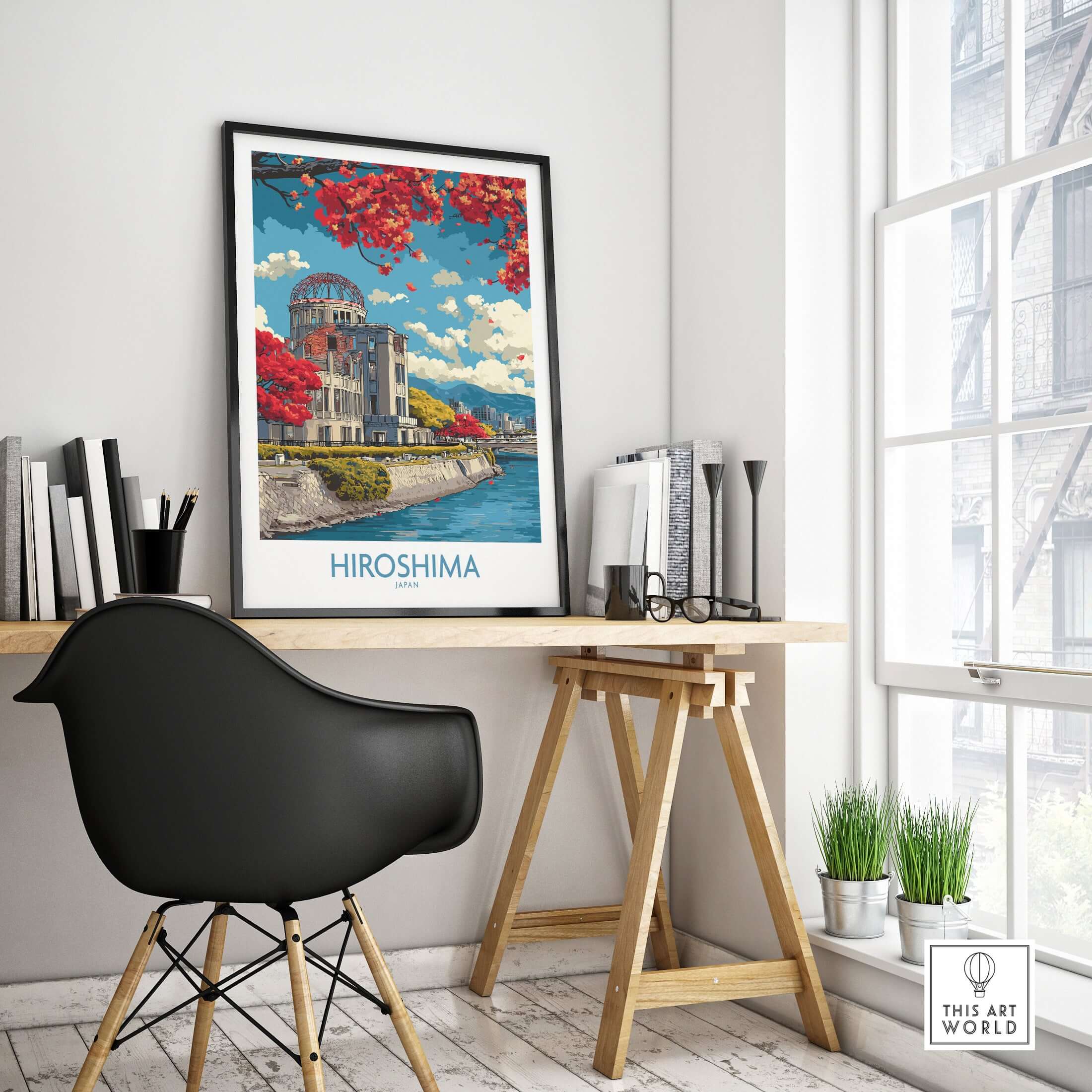 Hiroshima Japan Genbaku Dome Poster - Historic Landmark Decor displayed in a modern workspace setting near a window.
