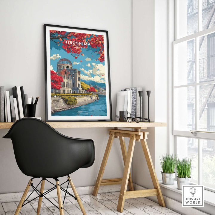 Hiroshima Japan print wall art featuring iconic landmarks and vibrant colors in a stylish office setting.