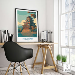 Hiroshima Japan Wall Art - Traditional Landmark Decor displayed in a modern workspace with a sleek chair and desk.