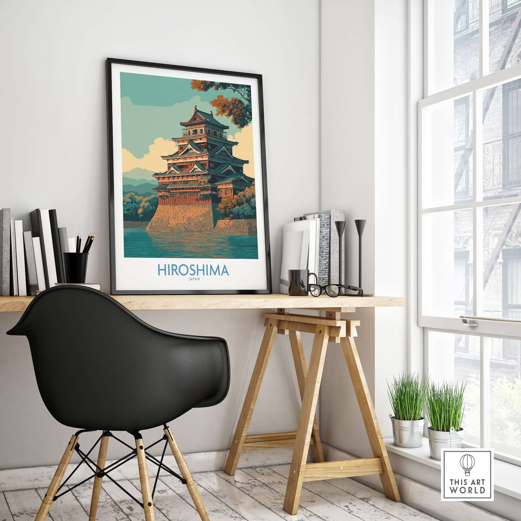Hiroshima Japan Wall Art - Traditional Landmark Decor displayed in a modern workspace with a sleek chair and desk.