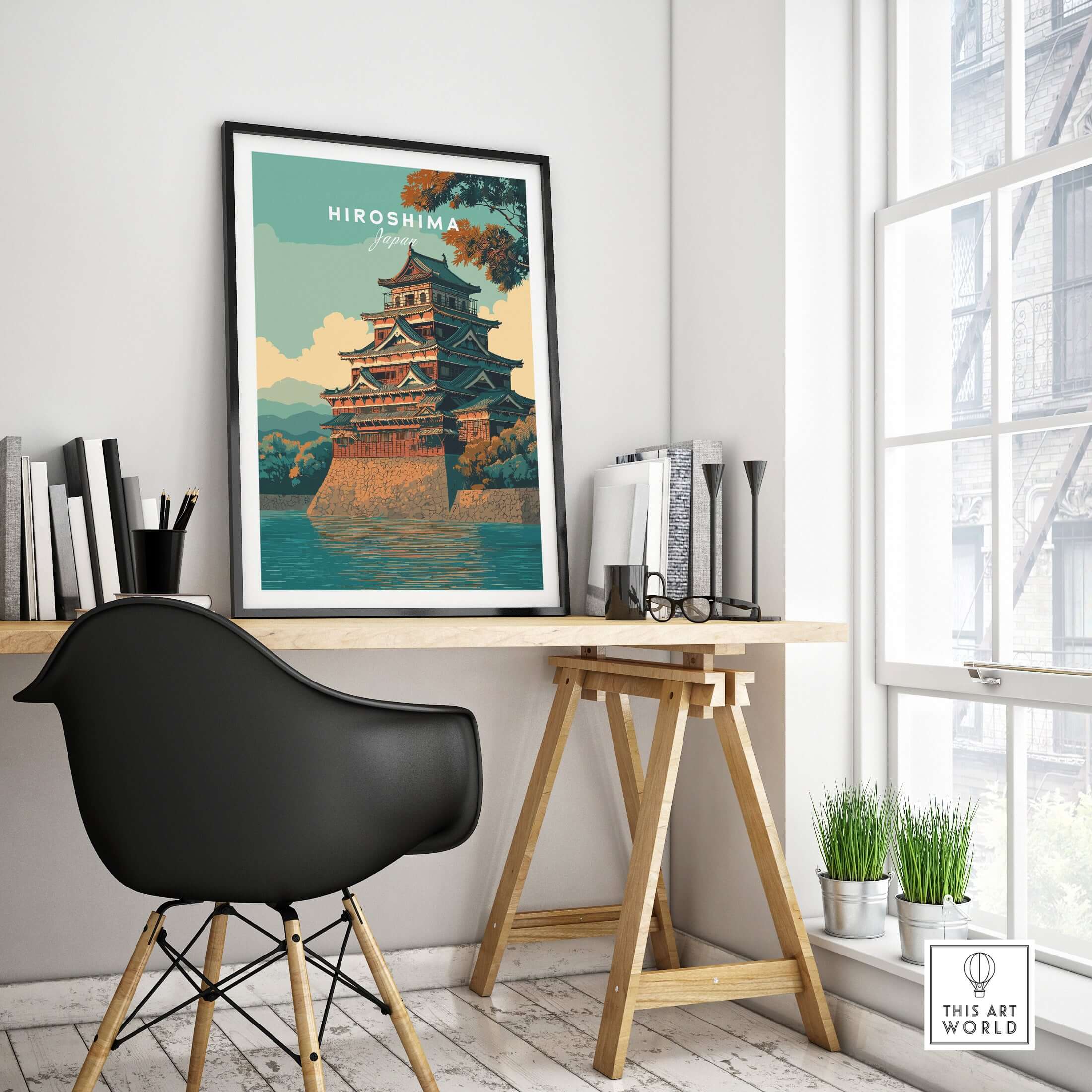Hiroshima Print Japan - Historic Japanese Architecture Poster displayed in a stylish interior setting.
