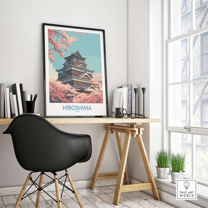 Hiroshima cherry blossom wall art print featuring historic architecture and vibrant nature in a stylish home office setting.