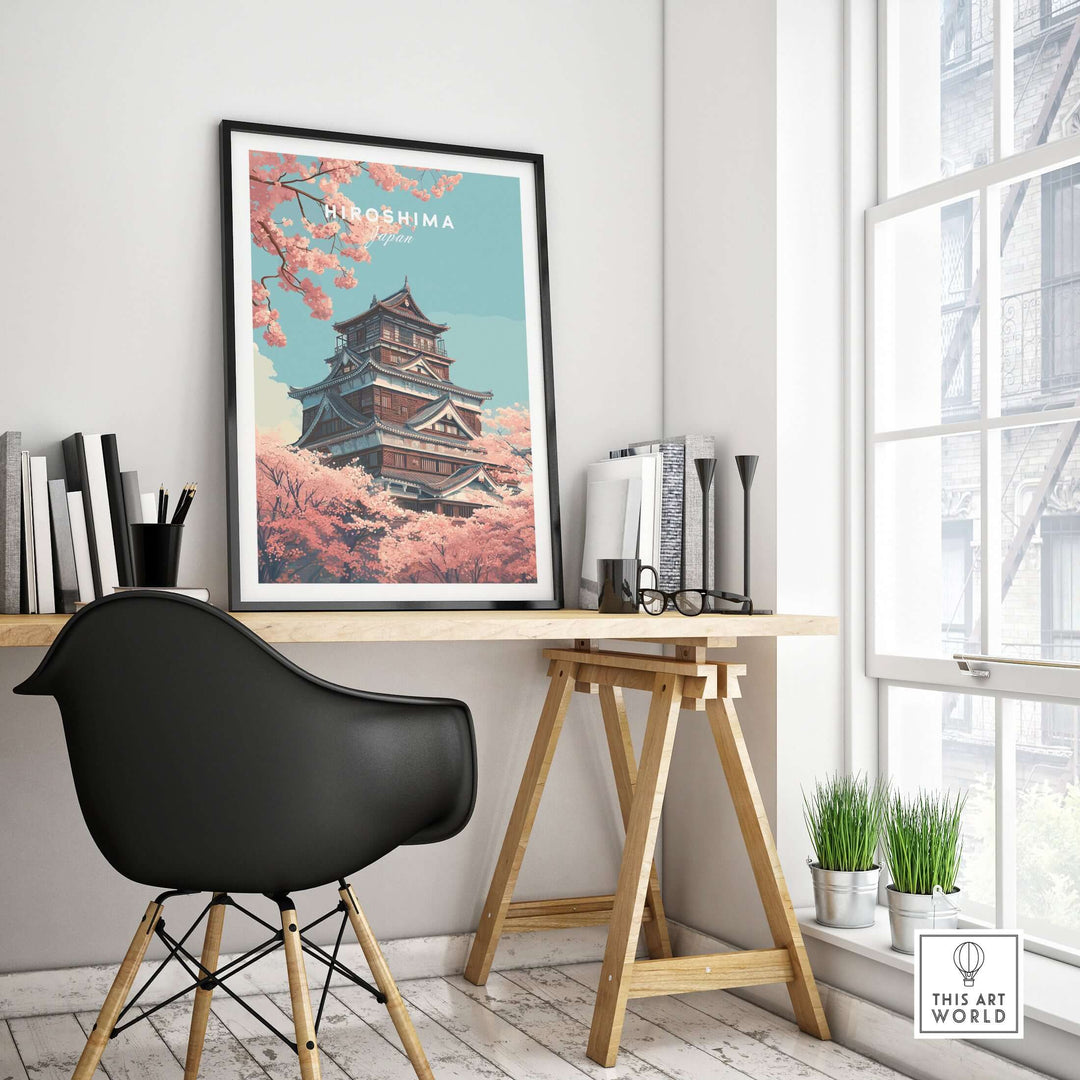 Hiroshima cherry blossom poster showcasing iconic Japanese landmark in a stylish home office setting.