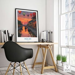 Hoi An Wall Art Vietnam - River Boats Poster displayed in a contemporary room with a stylish desk and decor.