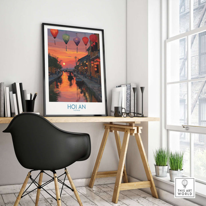 Hoi An wall art poster featuring riverboats and colorful lanterns in a serene Vietnamese riverside setting.