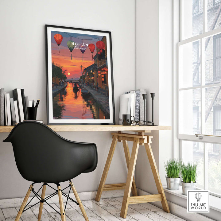 Hoi An sunset poster featuring lanterns, displayed in a stylish home office setting.