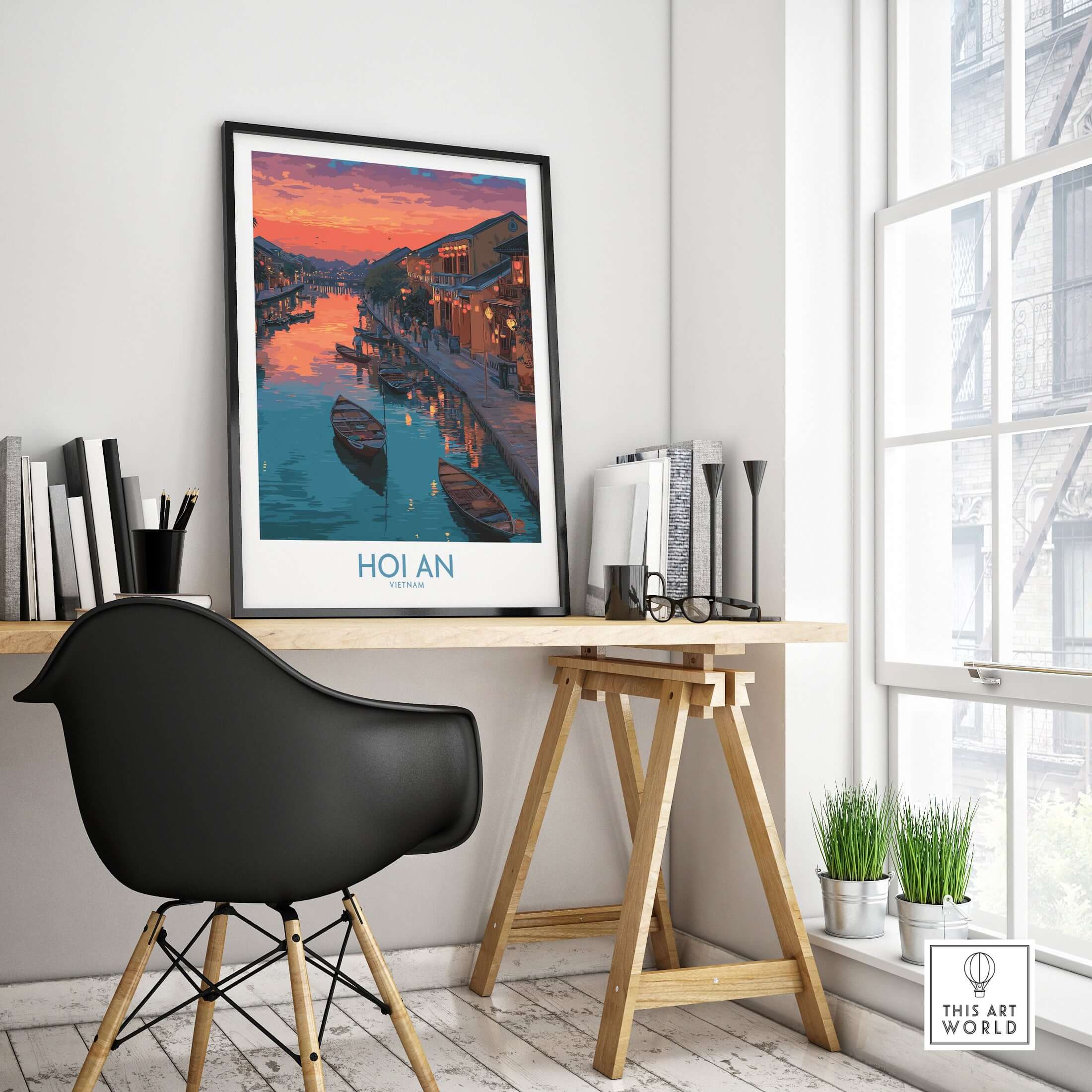 Hoi An Print Vietnam Colorful Lantern Poster displayed in a modern workspace with a view of the river.