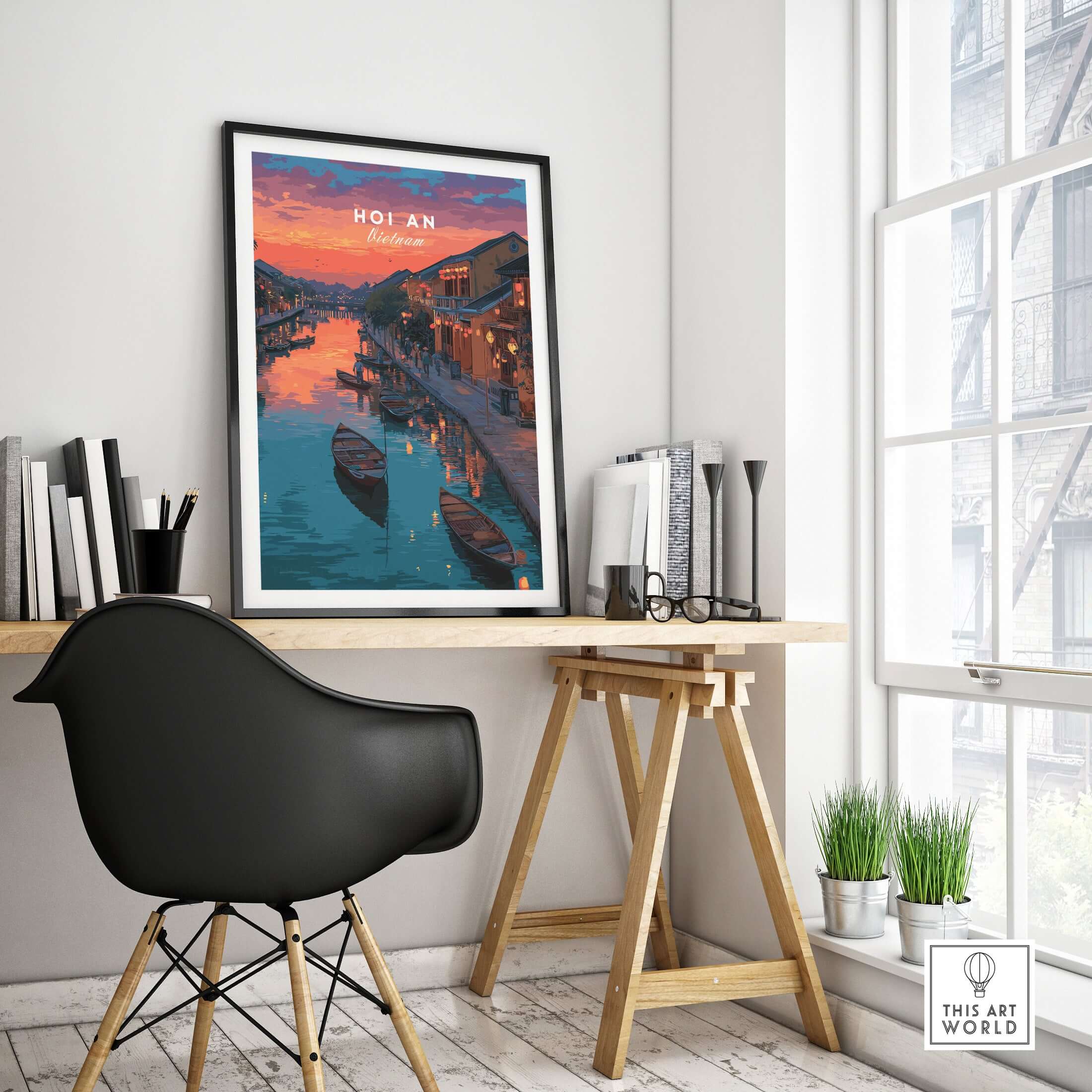 Hoi An Vietnam Poster - Ancient Town Wall Art displayed in a modern workspace featuring traditional architecture.