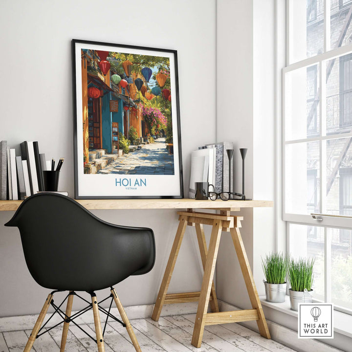 Hoi An Vietnam colorful lantern wall art print displayed in a modern home office setting.