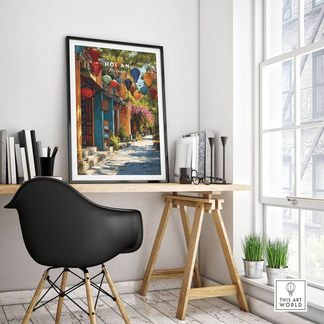 Hoi An Vietnam poster featuring vibrant lanterns in a cozy workspace setting.