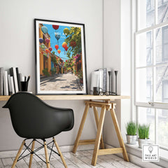 Hoi An Vietnam Colorful Lantern Street Poster - Ancient Town Hallway Print displayed in a modern home office setting.