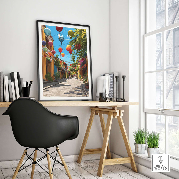 Vibrant Hoi An lantern street poster in a stylish home office setting, showcasing colorful lanterns and ancient town charm.