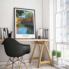 Hoi An Vietnam Wall Art - Vietnamese Evening Scene showcased in a modern workspace with a tranquil river view.