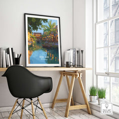 Hoi An Vietnam Night Print - Old Town Lanterns Poster displayed in a cozy home office setting with tropical decor.